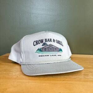 Vintage Crow Bar & Grill Squaw Lake MN Gray Rope Brim Snapback Hat